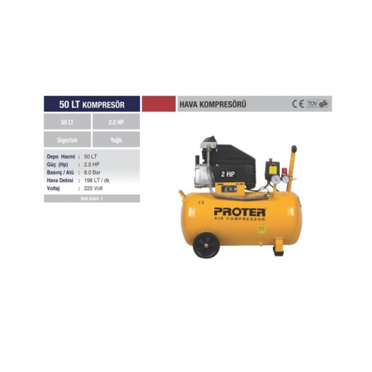 Proter 50 LİTRE 8 Bar 2 HP Yağlı Hava Kompresörü